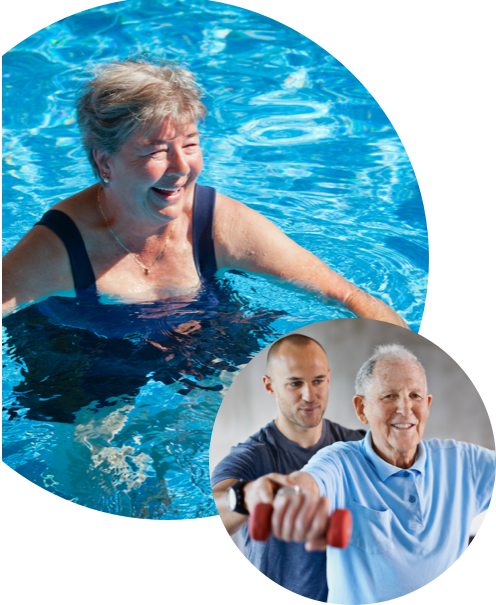 senior woman in an outdoor pool and a senior man with his physical therapist